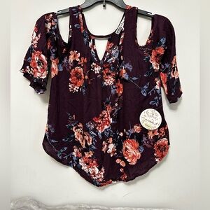 NWT Gypsies & Moondust Plum Floral Cold-Shoulder Blouse